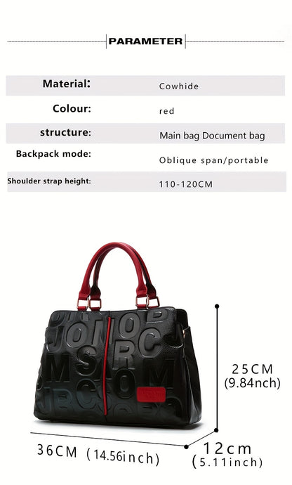 Genuine Leather Shoulder Handbag - Black with Red Accents