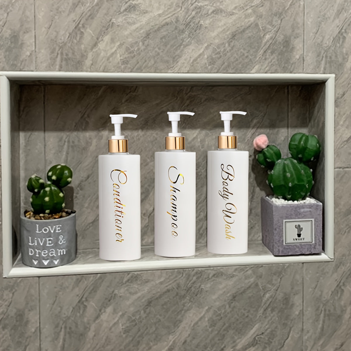 3pcs 500ml Elegant White Dispenser Set with Golden Labels - Plastic