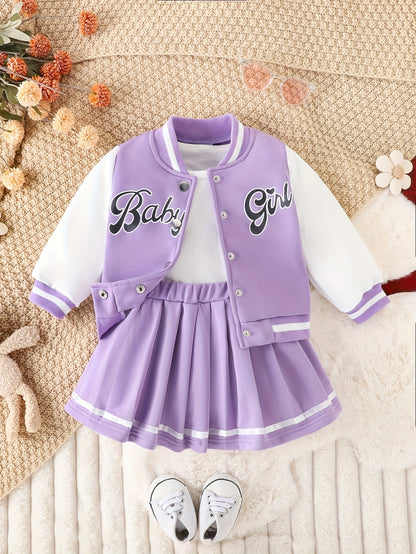 Girls' Baseball Jacket & Preppy Pleated Skirt Set