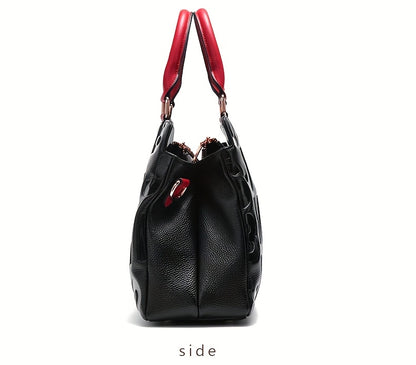 Genuine Leather Shoulder Handbag - Black with Red Accents