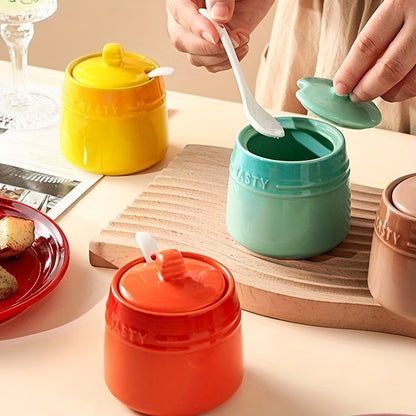 1set Ceramic Colorful Gradient Spice Container with Lid and Spoon Set