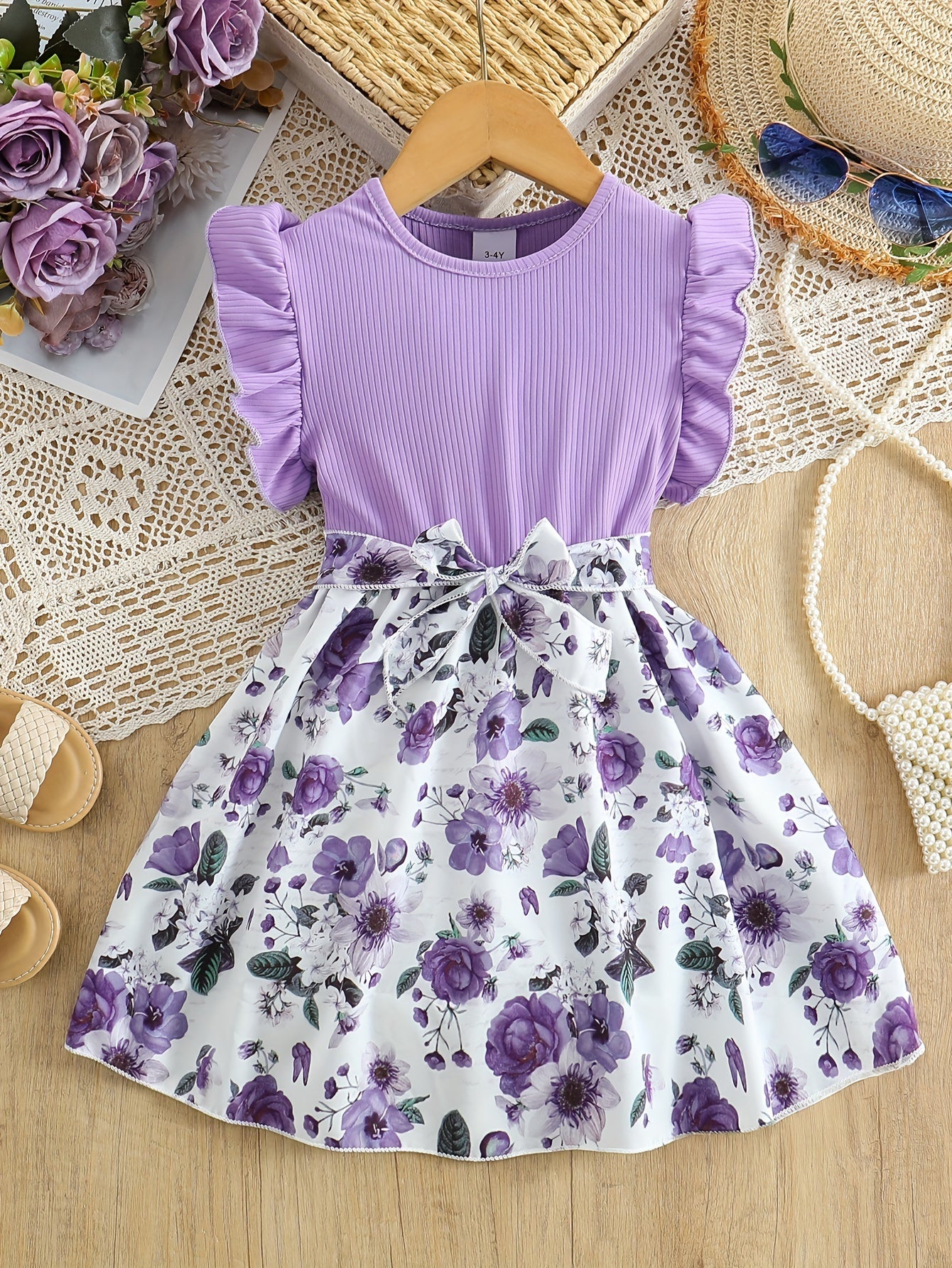 Girls' Patchwork Yellow Romantic Floral Print Dress