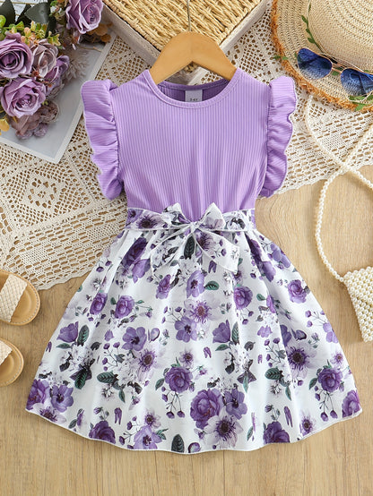 Girls' Patchwork Yellow Romantic Floral Print Dress