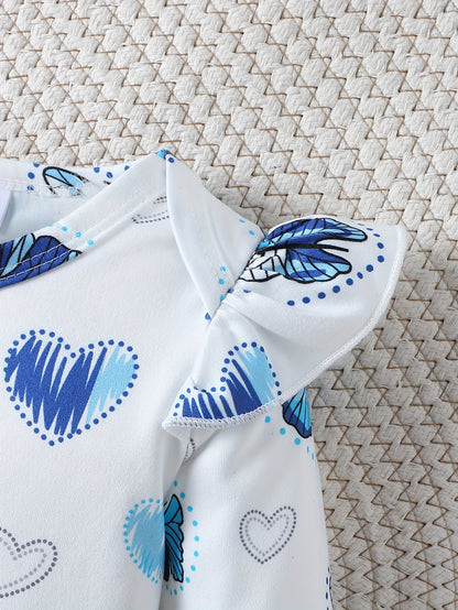 3pcs Set: Long-Sleeve Butterfly Love Print Flutter Hem