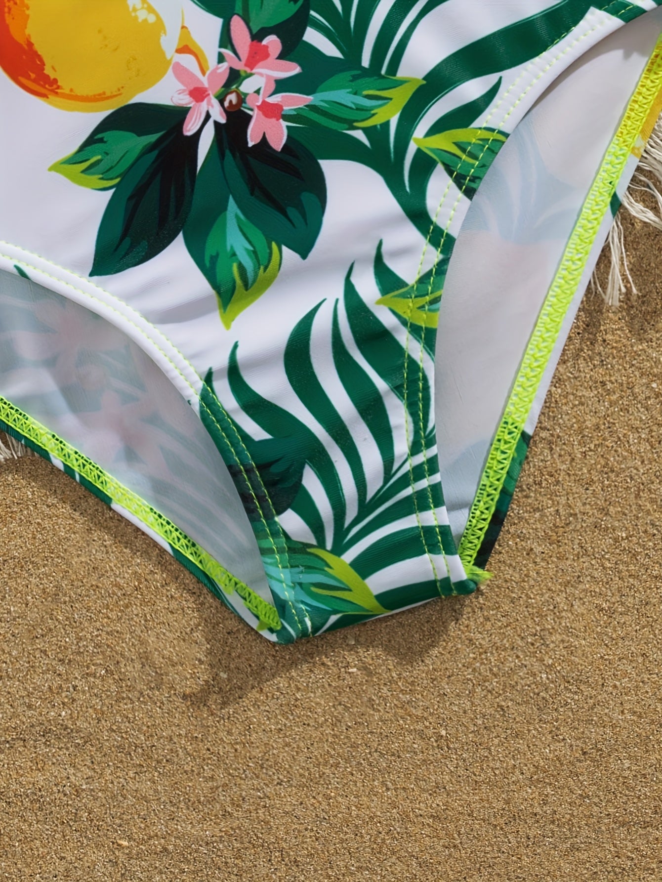 Cute Solid Color Lemon Print Girls' Bow Asymmetrical Shoulder Ruffle Detail One-Piece Swimsuit