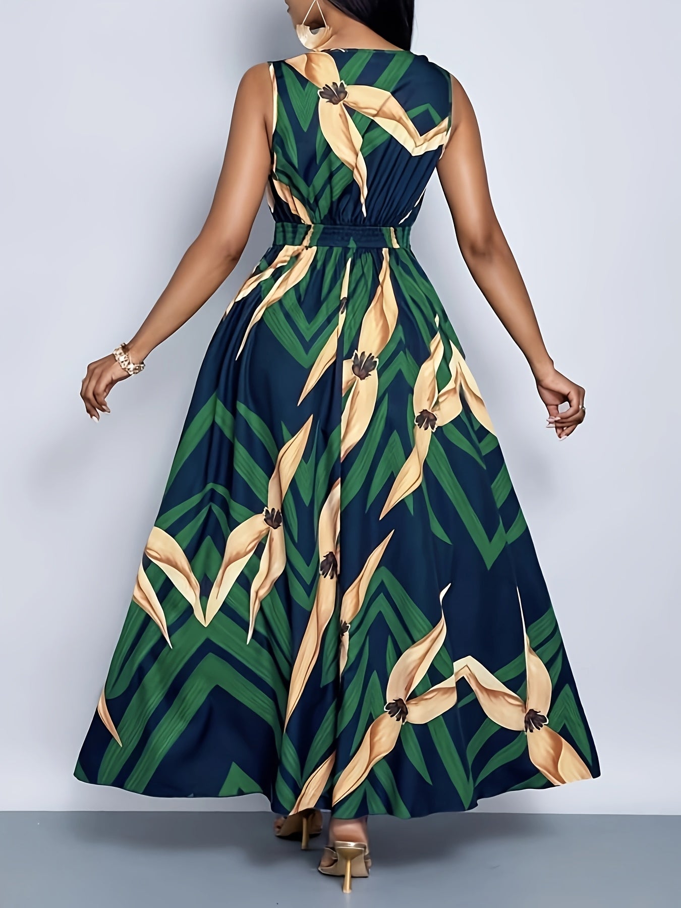 Tropical Palm Print A-Line Maxi Dress