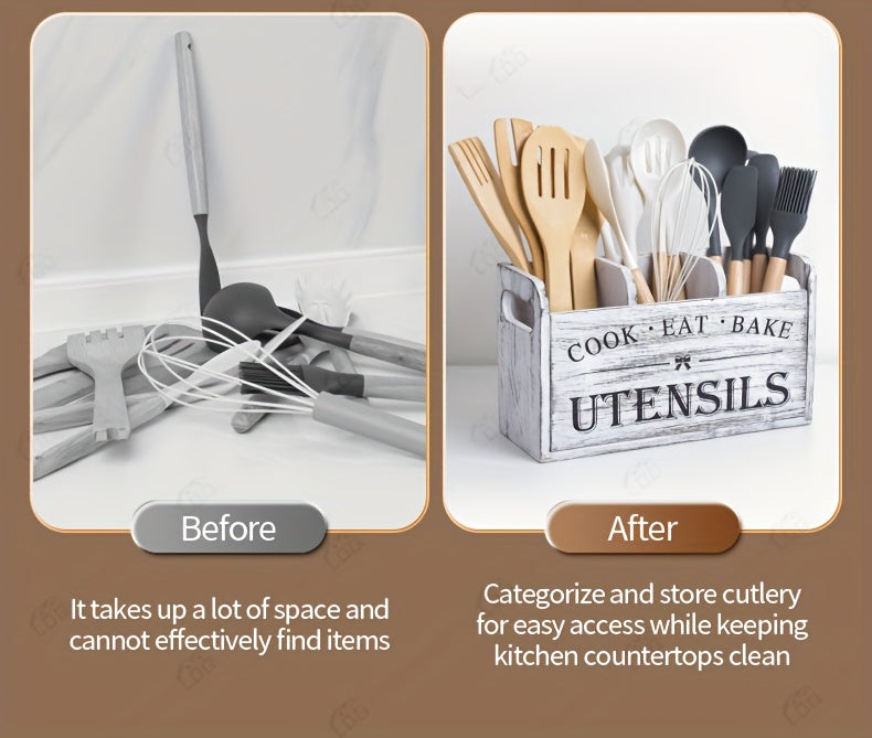 3-Compartment LDQ Rustic Wooden Kitchen Utensil Holder