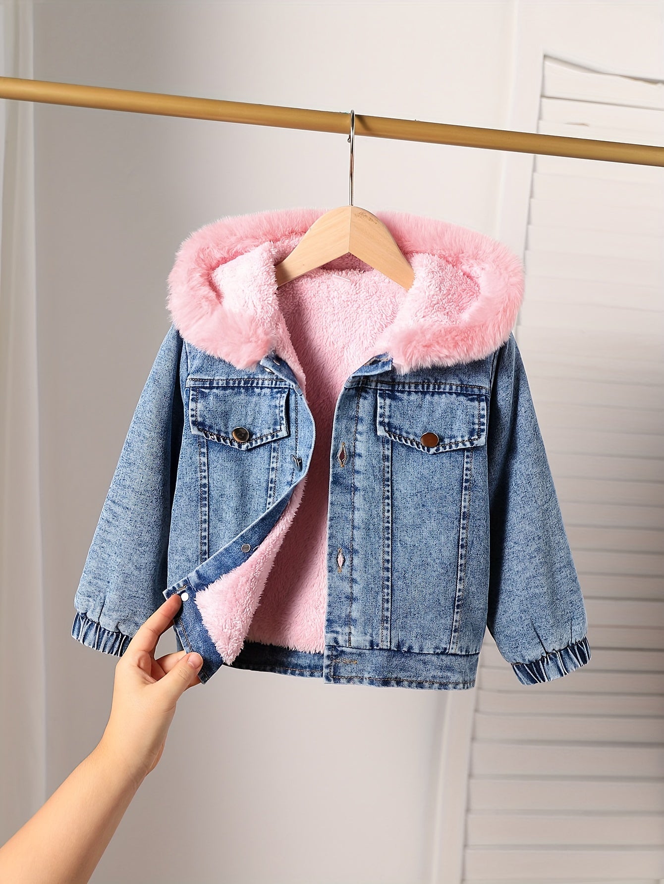 Girls Long-Sleeve Hooded Fleece-Lined Denim Jacket