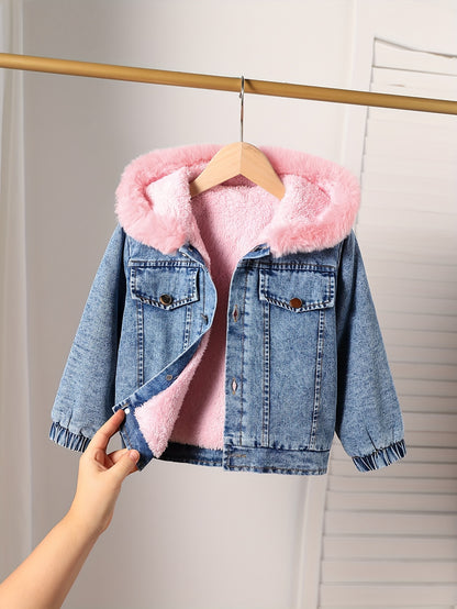 Girls Long-Sleeve Hooded Fleece-Lined Denim Jacket