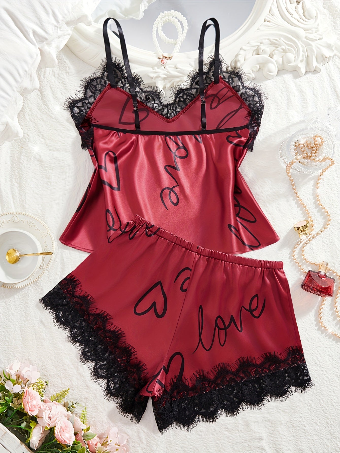 Contrast Lace Letter Print Pajamas Set