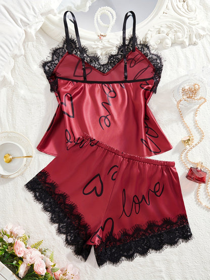 Contrast Lace Letter Print Pajamas Set