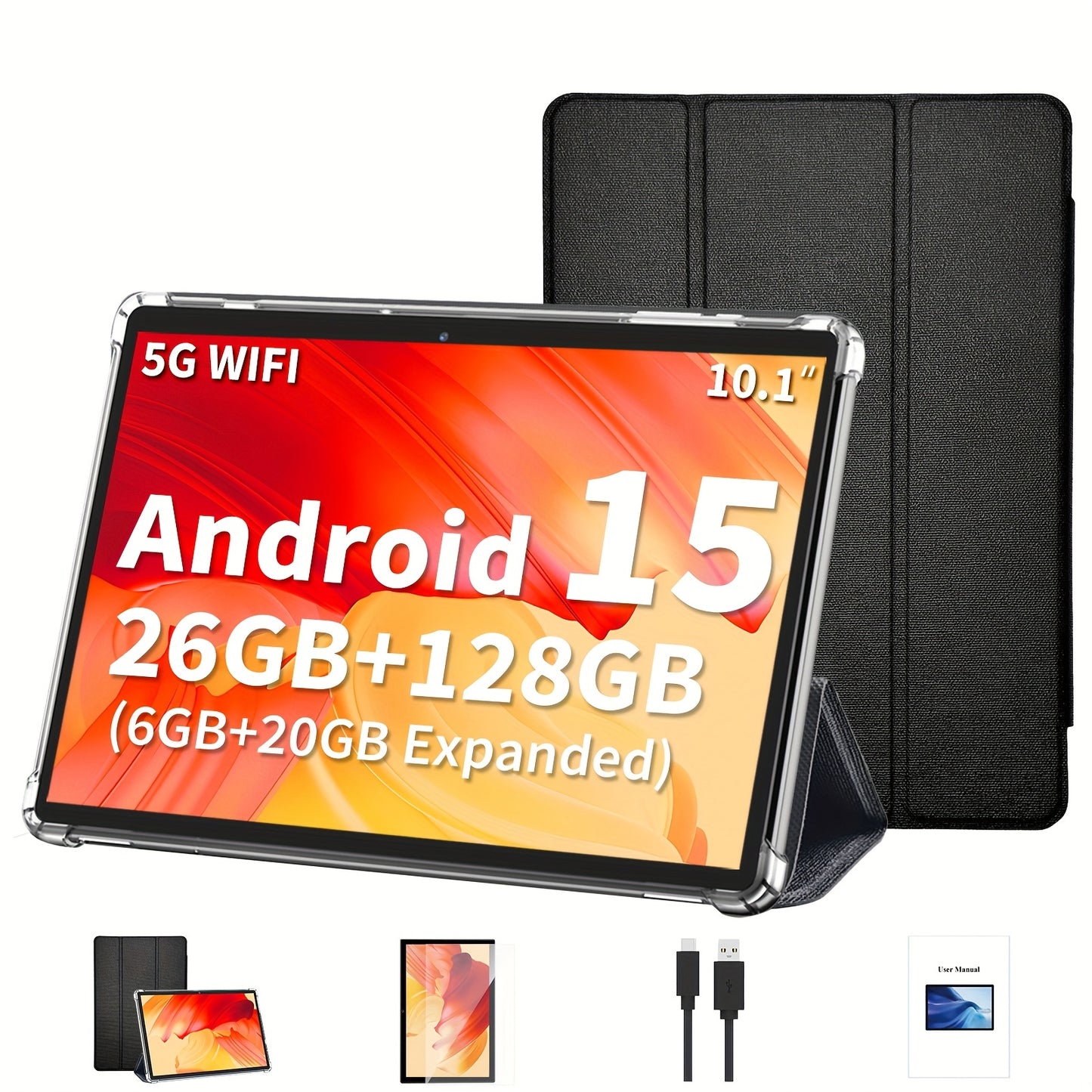 YOBANSE Android 15 Tablet 10.1" 26GB (6GB+20GB) + 128GB ROM, WiFi, Wireless