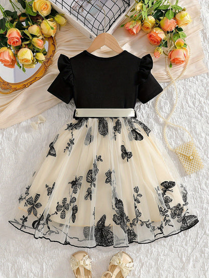 Girls Short Sleeve Bowknot Decor Mesh Tutu Dress