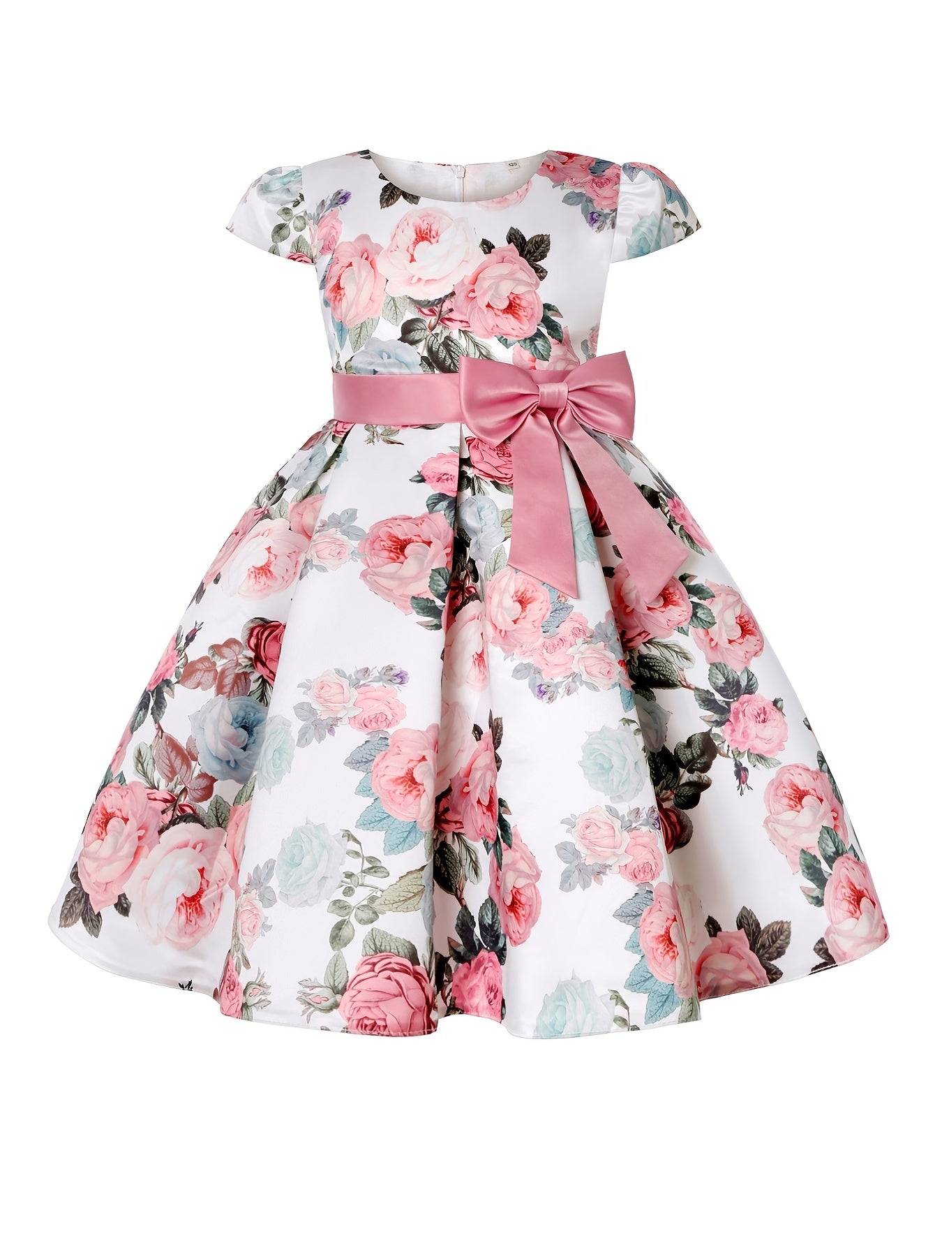 Girls' Elegant Rose Floral Print Party Dress