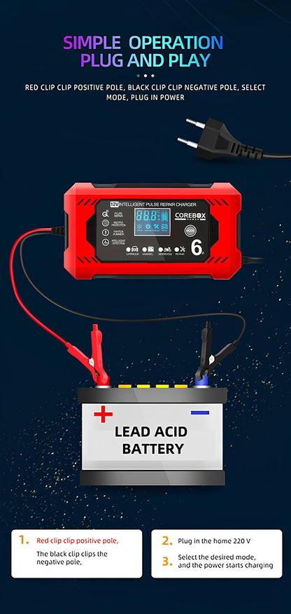 COREBOX 12V 6A Smart Battery Charger with LCD Display