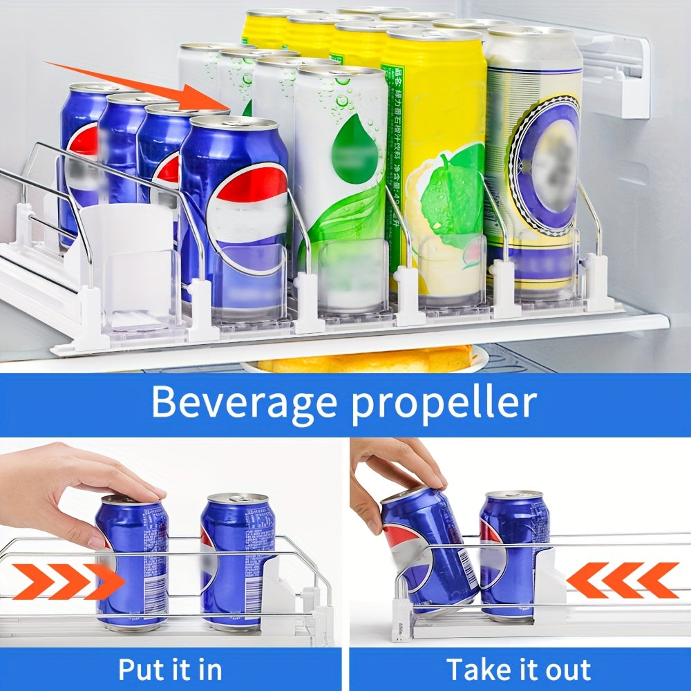 White Bar Refrigerator Beverage Organizer with Dual-Level Dividers and Soda Can Dispenser
