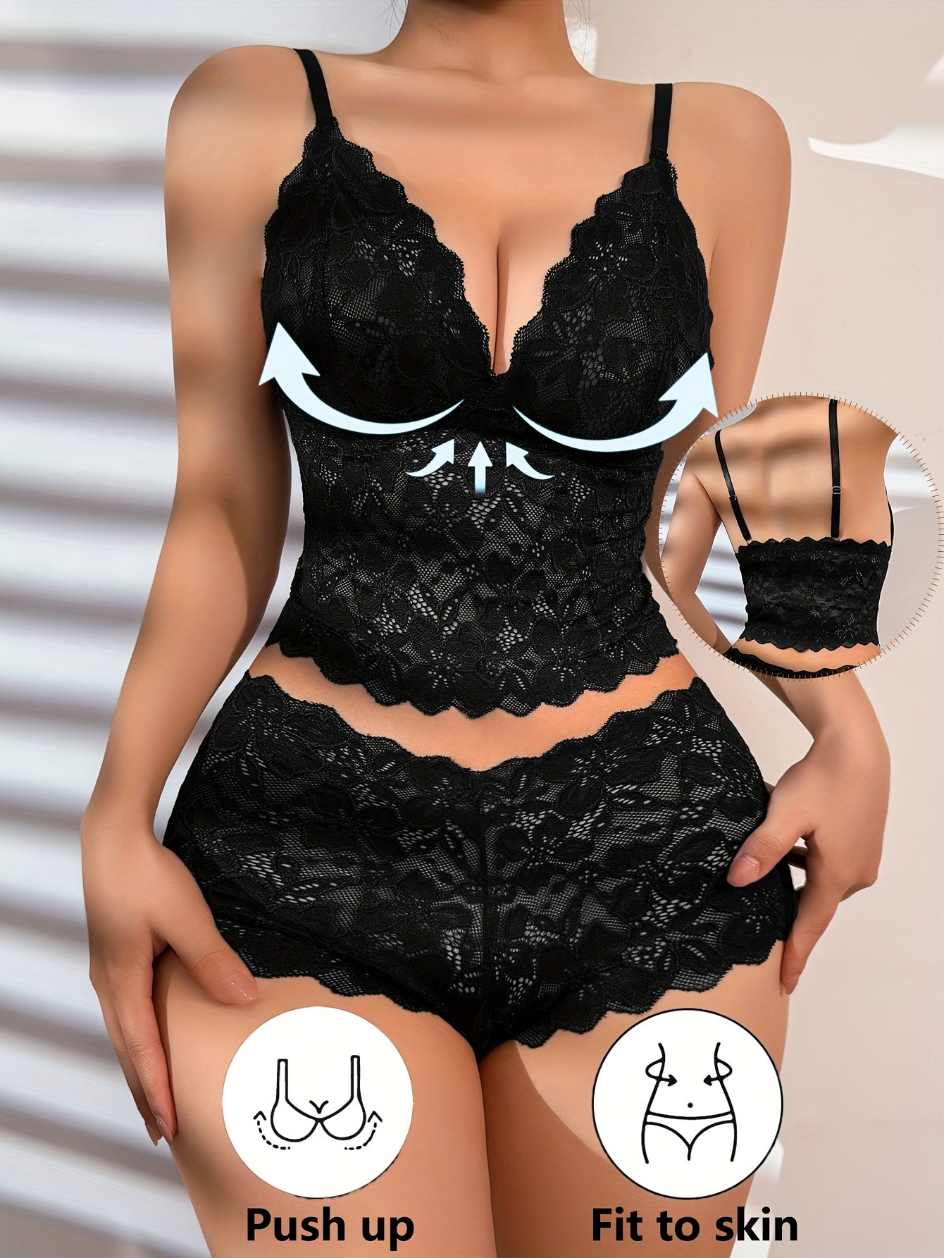 2pcs Sexy Black Lace Bra and Panty Set with Deep V-Neck, Floral Lace Camisole Top