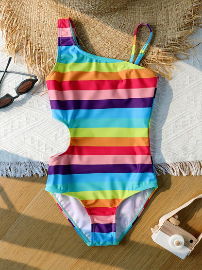 Girls' Quick-Dry One-Piece Swimsuit - Striped Slim-Fit Tight Bodysuit with Asymmetric Neckline