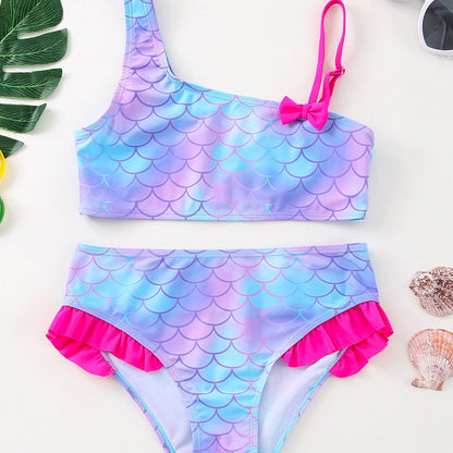 Girls Bikini Tankini Swimsuit Fish Scale Graphic Bow Top & Ruffle Trim Shorts Kids Summer Outdoor