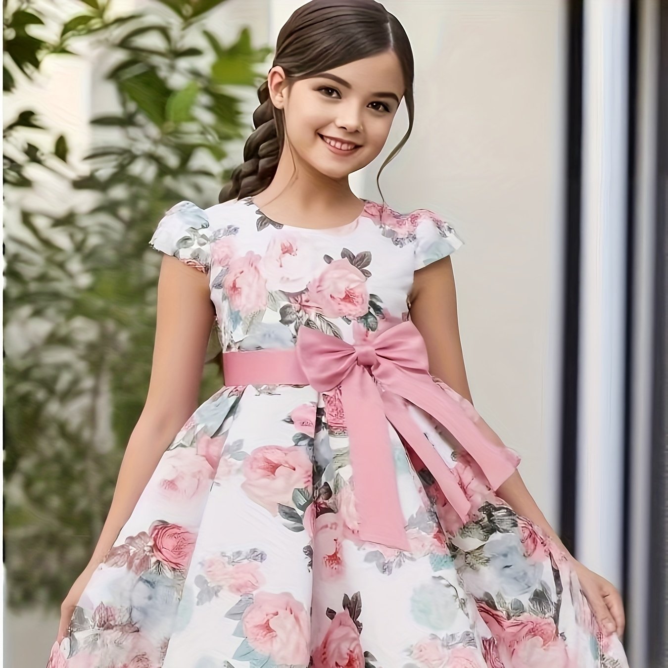 Girls' Elegant Rose Floral Print Party Dress