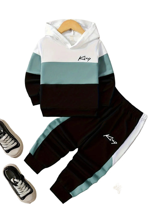 Stylish Colorblock Boy's "King" Print Hooded Outfit | Hoodie & Pants Set