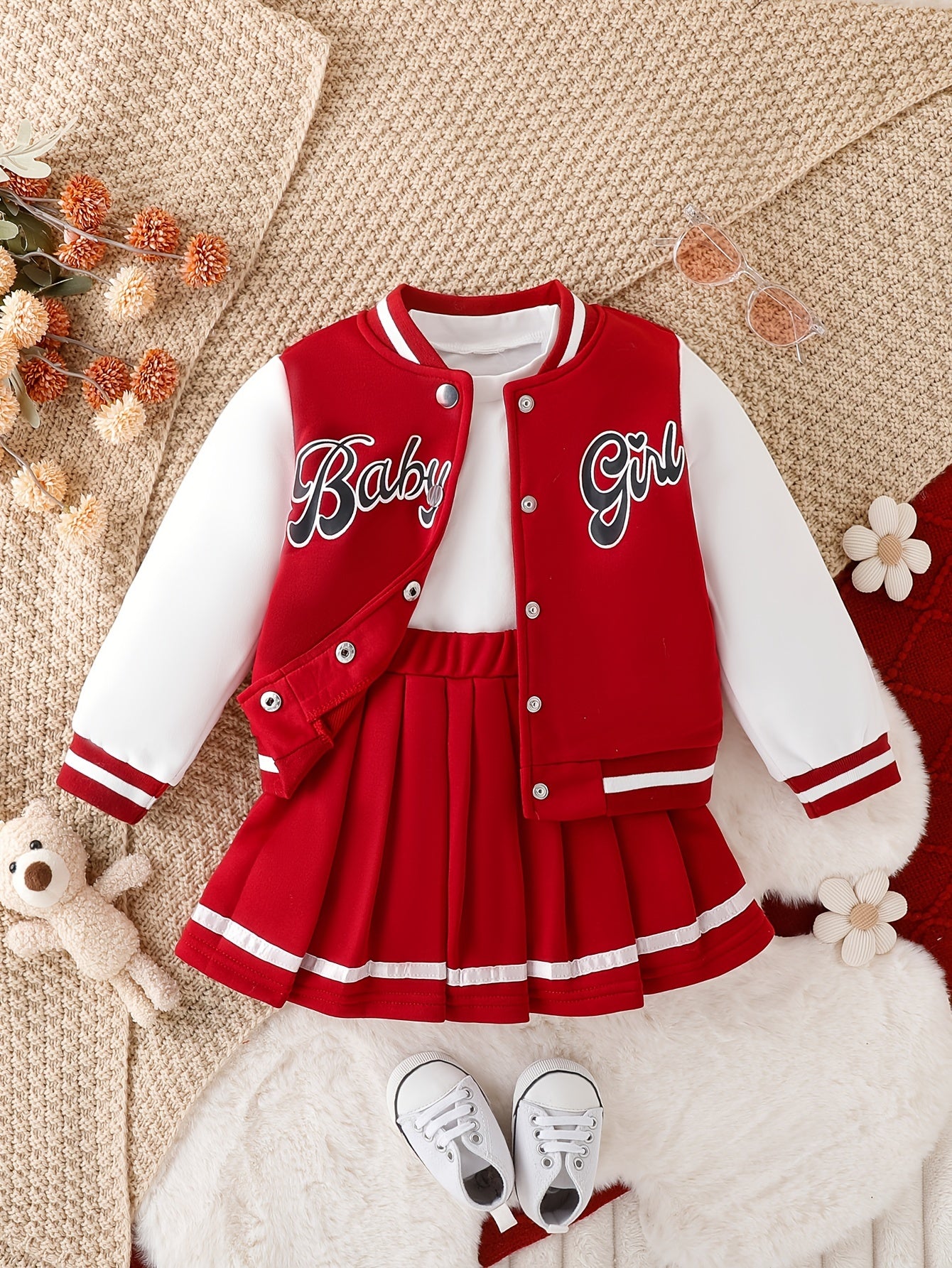 Girls' Baseball Jacket & Preppy Pleated Skirt Set