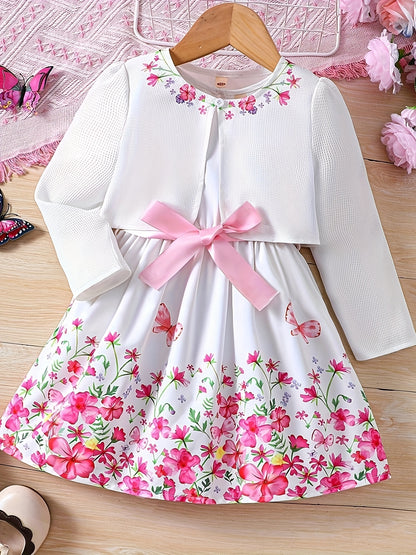 2-Piece Set: Girls' Elegant and Charming Floral Dress