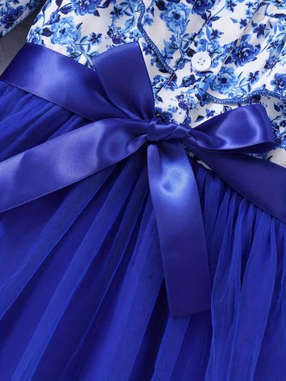 Mint Green Elegant Floral Print Long Sleeve Dress with Belt