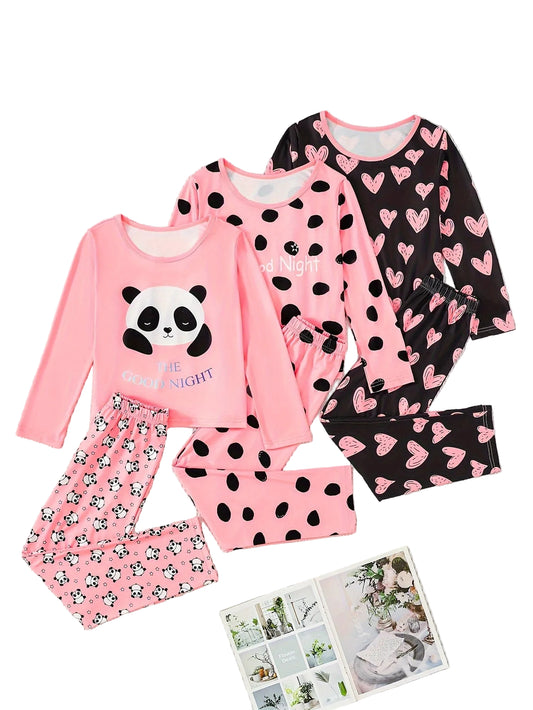 Girls' Long Sleeve Set of 6pcs with Round Neck T-Shirt, Panda Love