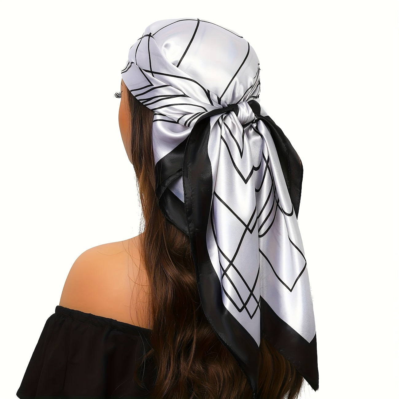 Elegant Black & White Printed Square Scarf - Luxury Polyester, Stylish Thin Headband