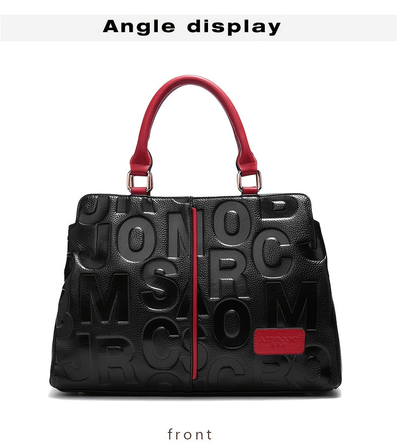 Genuine Leather Shoulder Handbag - Black with Red Accents