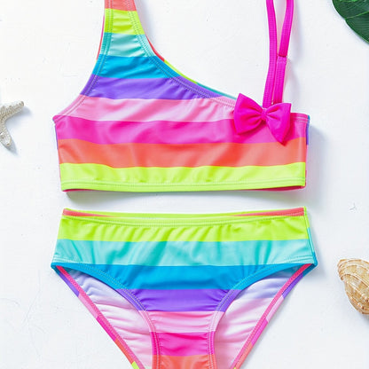 Girls Bikini Tankini Swimsuit Fish Scale Graphic Bow Top & Ruffle Trim Shorts Kids Summer Outdoor