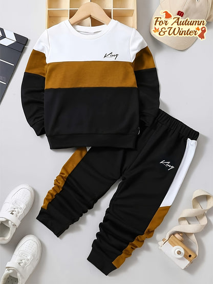 Three-color Spliced Long Sleeve Sweater and Pants Set