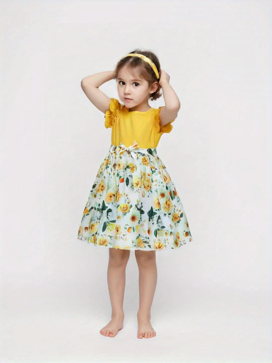 Girls' Patchwork Yellow Romantic Floral Print Dress