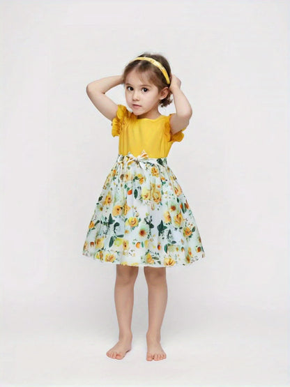 Girls' Patchwork Yellow Romantic Floral Print Dress