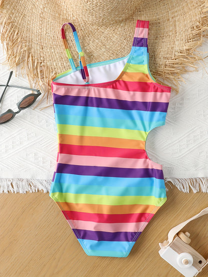 Girls' Quick-Dry One-Piece Swimsuit - Striped Slim-Fit Tight Bodysuit with Asymmetric Neckline