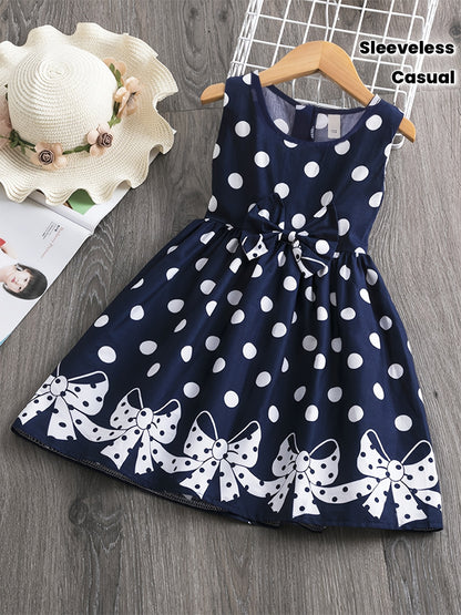 AiLe Rabbit Girls' Bohemian Polka Dot Sleeveless Dress with Front Bow Detail