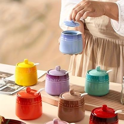 1set Ceramic Colorful Gradient Spice Container with Lid and Spoon Set