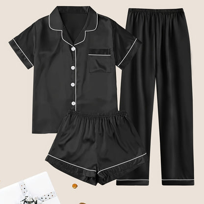 Women's Solid Satin Casual Pajama Set, Short Sleeve