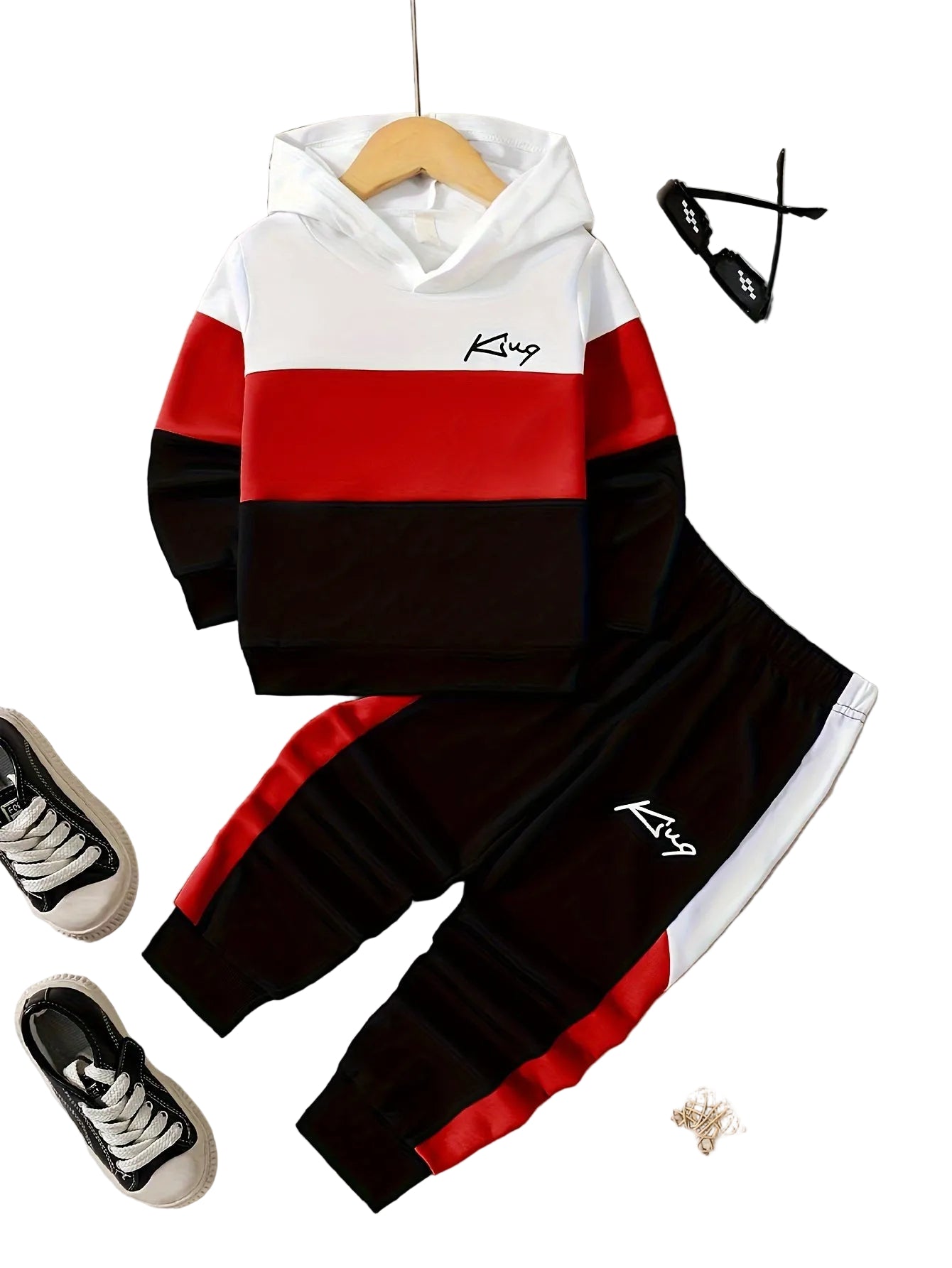 Stylish Colorblock Boy's "King" Print Hooded Outfit | Hoodie & Pants Set