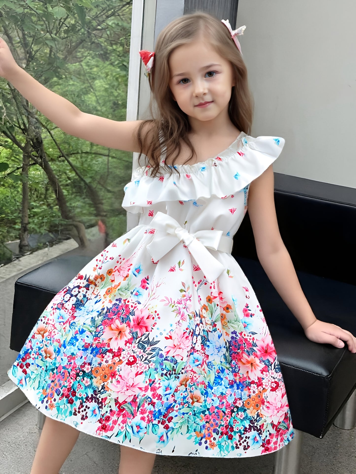 Charming Girls' Summer Dress with Butterfly & Floral Print