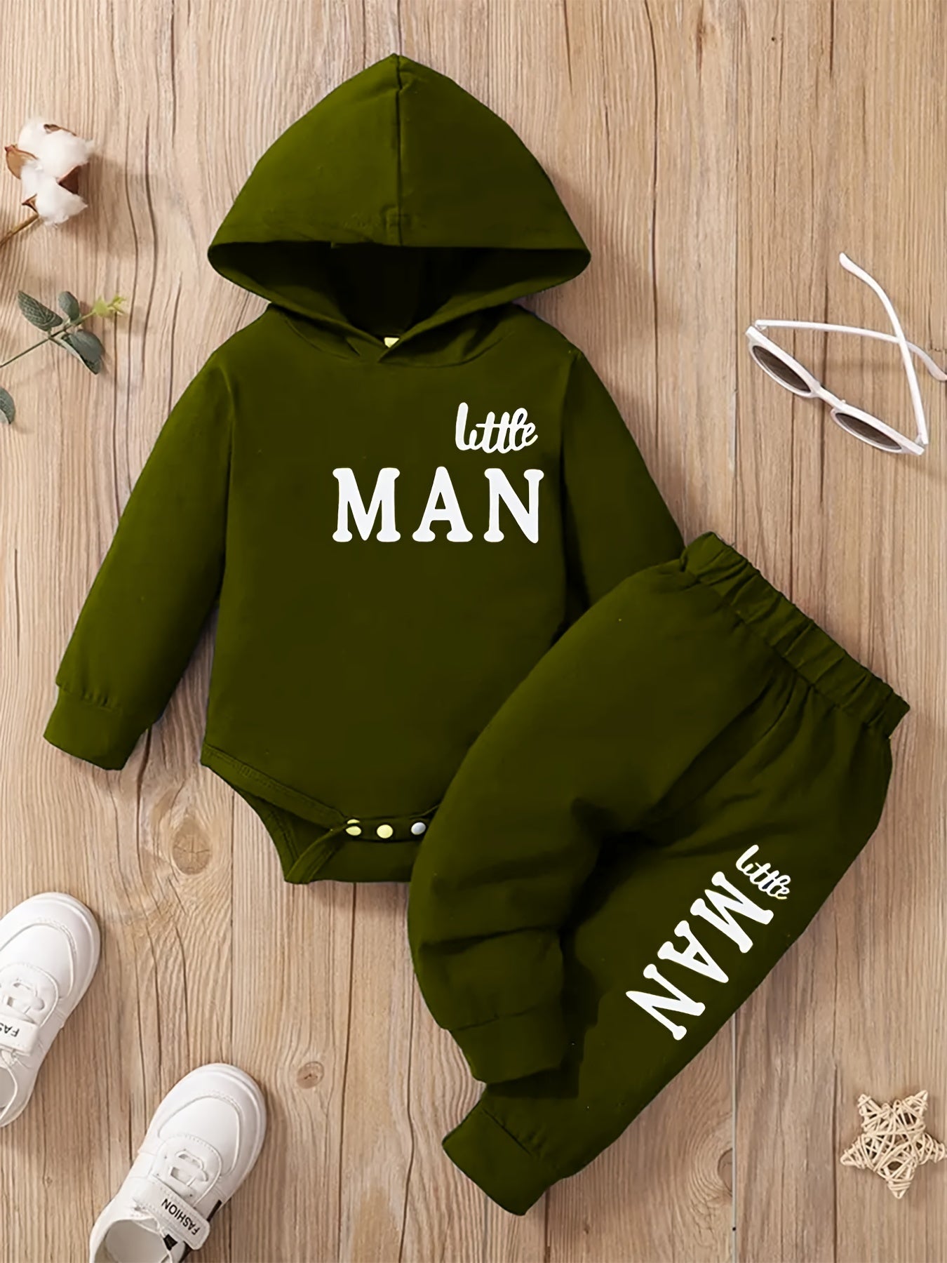 2pcs Boys' Hooded Long-Sleeve Letter Print Bodysuit