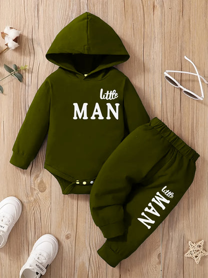 2pcs Boys' Hooded Long-Sleeve Letter Print Bodysuit