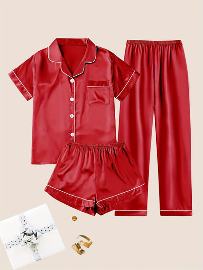 Women's Solid Satin Casual Pajama Set, Short Sleeve