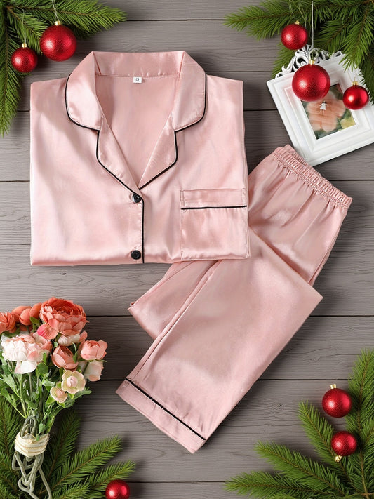 Comfortable Solid Color Satin Pajama Set for Autumn and Winter, High Quality Long Sleeved Top and Elastic Waistband Pants