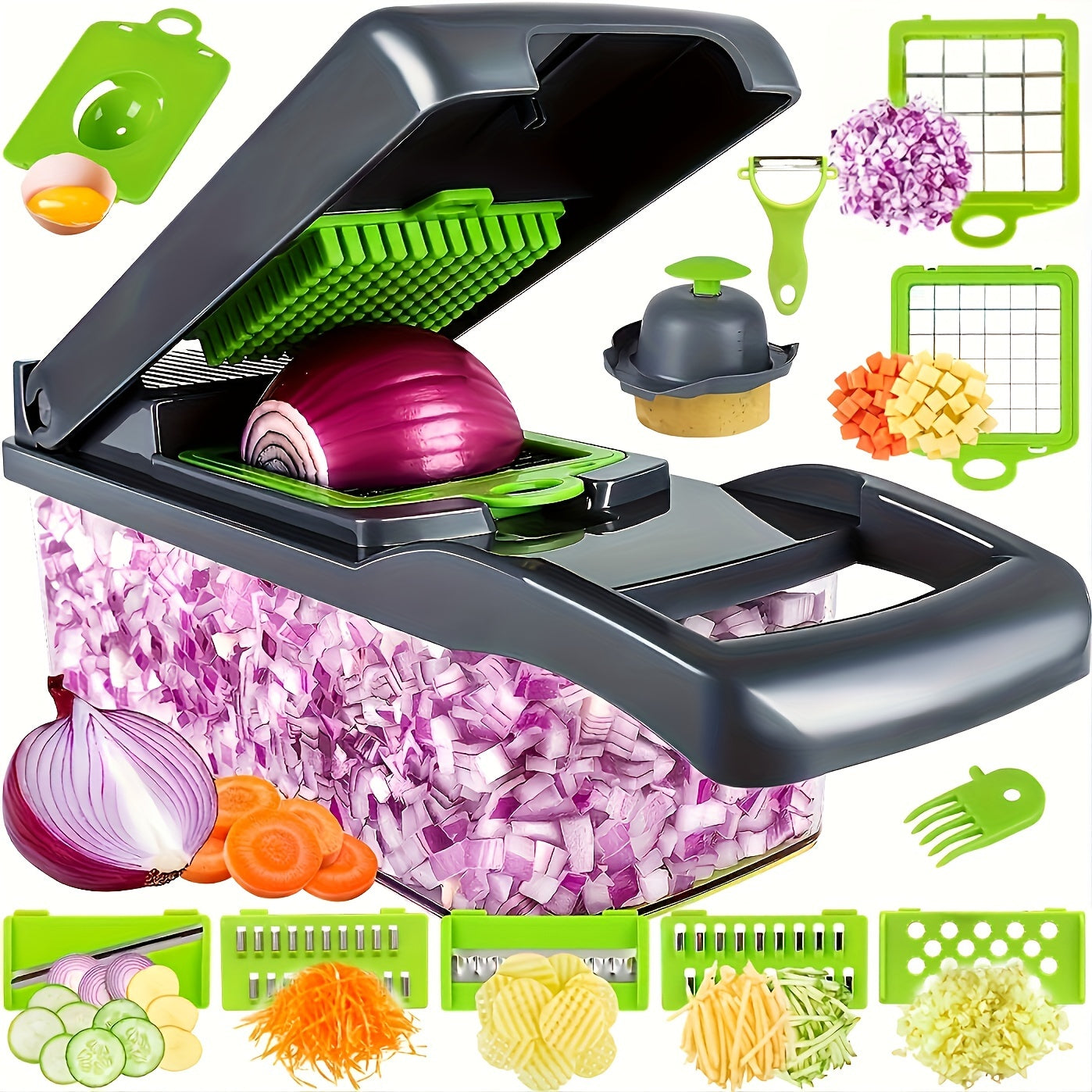 Vegetable Onion Chopper, Kitchen 16in 1 Food Chopper 8 Blades Cutter with Container
