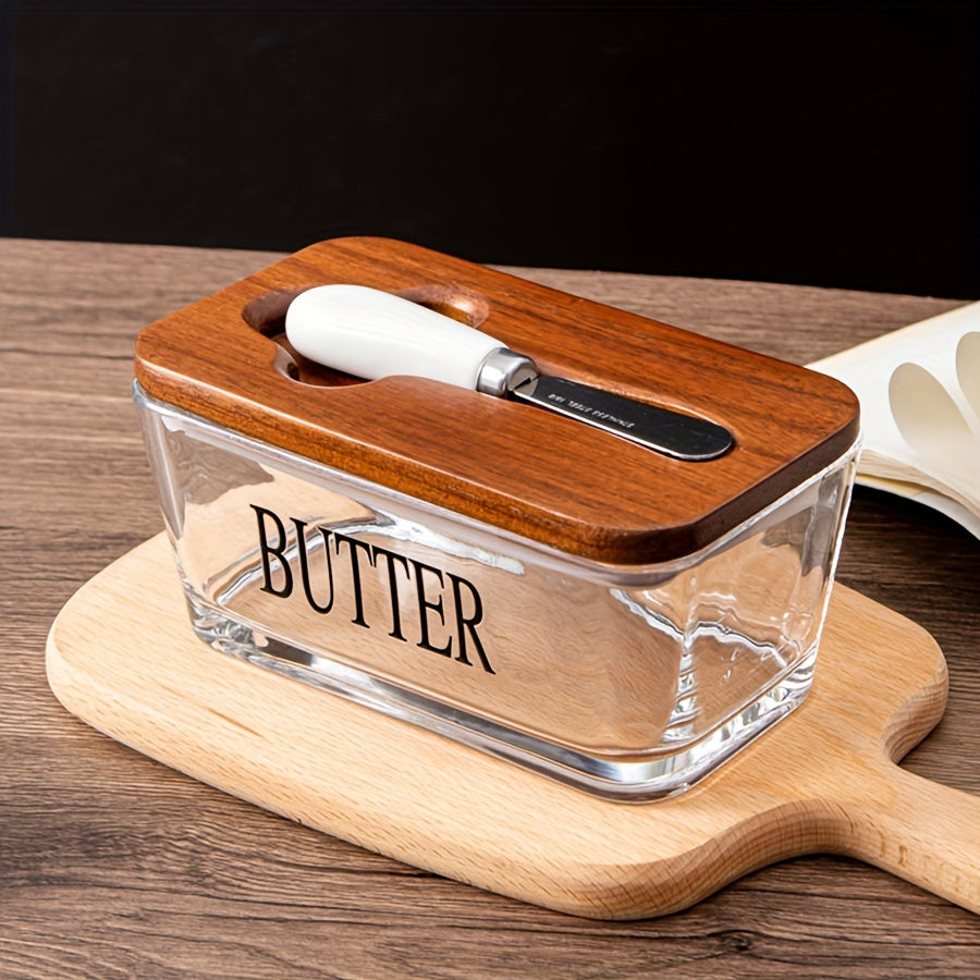 1 Set YumiPLUS Acacia Wood Lid Glass Butter Dish Set