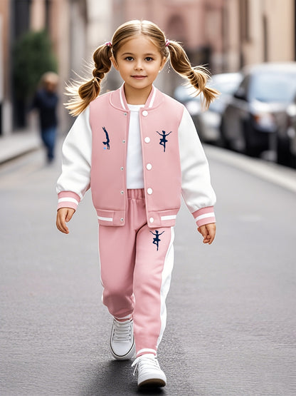 Cozy 2pcs Girls' Varsity Jacket & Jogger Set