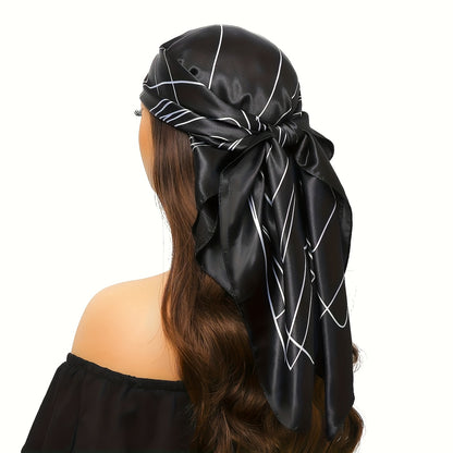 Elegant Black & White Printed Square Scarf - Luxury Polyester, Stylish Thin Headband