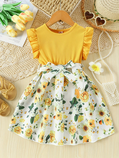 Girls' Patchwork Yellow Romantic Floral Print Dress